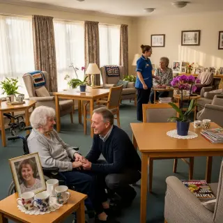 A middle-aged man holds hands with an elderly woman in a wheelchair, both looking calm and slightly melancholic, inside a modest, welcoming care home common room with a carer talking to another family member in the background.
