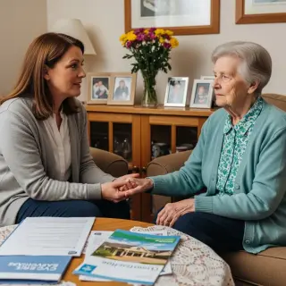 A middle-aged woman and an elderly woman sit together holding hands, looking thoughtful and empathetic in a welcoming home setting with care home brochures on the table.