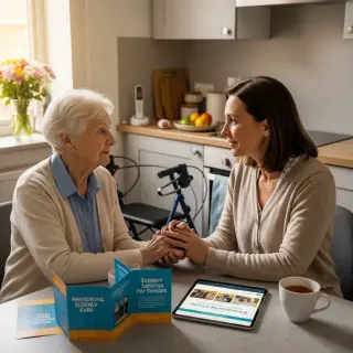 A middle-aged woman and her elderly mother share a concerned but supportive moment at a kitchen table, suggesting empathy and adaptation to increasing dependency, with care resources visible nearby.