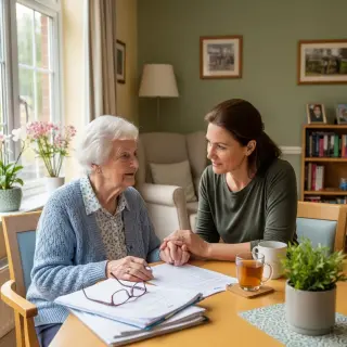 An elderly person and a middle-aged family member sharing a calm, empathic moment together at a simple, welcoming nursing home, reviewing paperwork at a sunlit table.