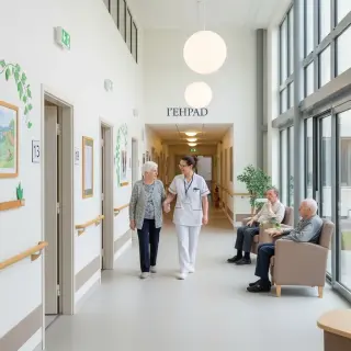 Couloir accueillant d'une maison de retraite médicalisée, avec une personne âgée marchant avec une aide-soignante et une autre assise près d'une grande fenêtre, dans une atmosphère sereine et bienveillante.