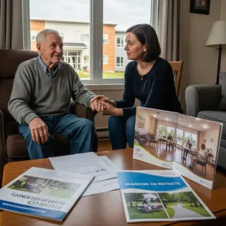 Elderly man and his daughter share a tender handhold in a modest, warm living room, discussing retirement home options amid a gentle, serene atmosphere.