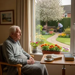 Elderly man looking out at a blooming garden from a modest, welcoming nursing home, with a gentle expression and a nurse nearby.