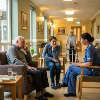 Elderly man sitting with his adult daughter and a nurse in a comfortable, modest nursing home common area, all sharing a moment of gentle empathy.