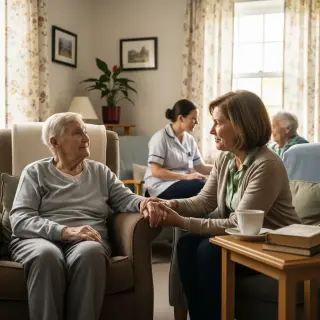 Elderly person and adult child sitting together holding hands in a warmly lit care facility room, both showing serenity and empathy, with a nurse attending to another resident in the background.