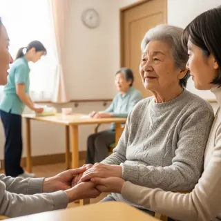 Elderly person seated with a comforting family member in a bright, welcoming nursing home, staff member visible in background, mood of support and serenity.