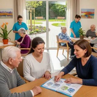 Elderly person with family member reviewing care options in a welcoming retirement home, caregivers interacting gently with residents, soft natural light and cozy environment, accessible paths and modest garden outside.