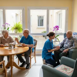Elderly residents and a caregiver sharing a moment in a bright, welcoming common room of a modest nursing home, evoking serenity and empathy.