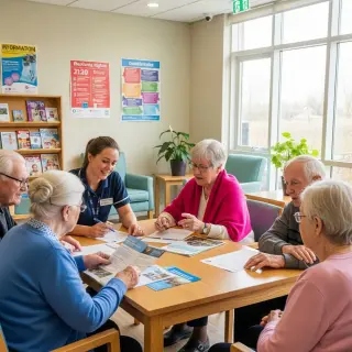 Elderly residents and a staff member in a bright, welcoming retirement home common room, calmly discussing informational brochures, evoking a sense of empathy and security.
