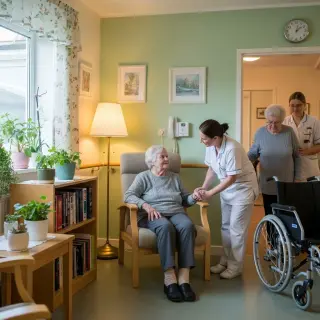 Elderly woman seated in a cozy retirement home, holding hands with a caring staff member, while another senior walks with support in a warmly decorated, modest common room.