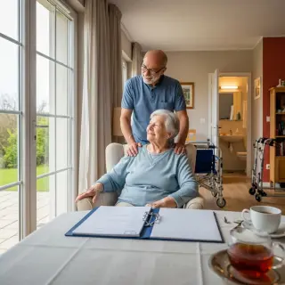 Senior accompagné par un proche dans un salon lumineux, aménagements adaptés visibles, ambiance chaleureuse et rassurante.