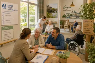 Salonn d’un EHPAD avec personnes âgées, soignant et famille, ambiance chaleureuse, détails administratifs visibles.