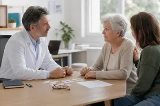 Médecin en consultation avec une personne âgée et un proche dans un cabinet médical lumineux, avec du matériel de test de mémoire non lisible sur la table.