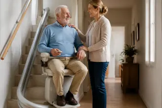 Senior utilisant un monte-escalier à l’intérieur d’une maison, accompagné par un proche dans une ambiance lumineuse et rassurante.