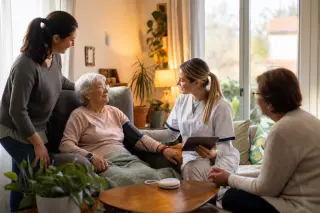 Infirmière coordinatrice et aide à domicile échangeant avec une personne âgée et un proche dans un salon, avec un boîtier de téléassistance et une tablette, en lumière chaude du soir.