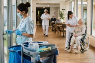 Professionnels en EHPAD accompagnant une résidente dans un couloir lumineux, avec chariot de ménage et plateaux de repas.