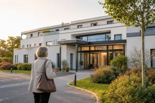 Famille et conseillère assises autour d’une table, examinant des documents administratifs non lisibles dans un salon lumineux.