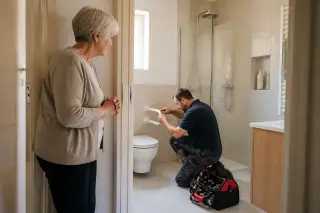 Senior et proche aidant discutant avec un conseiller habitat autour d’une table de cuisine, avec des papiers non lisibles et une lumière naturelle douce.