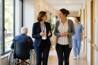 Famille et personne âgée en rendez-vous dans un bureau avec une responsable, documents non lisibles sur la table, ambiance professionnelle et rassurante.