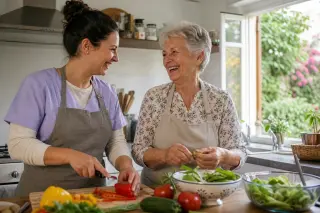 Rendez-vous à domicile dans un salon lumineux entre une personne âgée, un proche aidant et une conseillère, avec des dossiers et un ordinateur sur une table, sans texte visible.