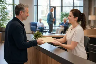 Personne âgée et proche aidant en rendez-vous avec une conseillère administrative autour d’une table, avec dossier papier et calculatrice, dans une ambiance calme et lumineuse.