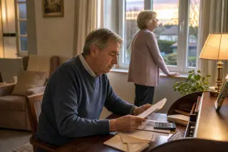 Personne âgée et sa fille en rendez-vous avec un conseiller autour d’une table, avec des documents et une calculatrice, dans un intérieur calme et lumineux.