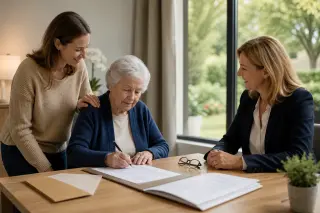Personne âgée et un proche en rendez-vous avec une conseillère, autour d’une table avec des documents non lisibles et un stylo, dans un bureau lumineux d’EHPAD.