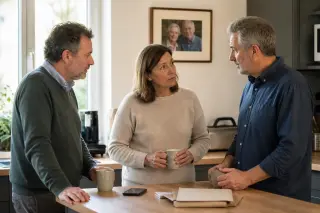 Deux adultes et un parent âgé assis autour d’une table, examinant des papiers non lisibles et une calculatrice dans une lumière naturelle.
