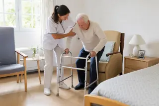 Famille et conseillère assises autour d’une table, examinant des papiers non lisibles lors d’un rendez-vous à domicile, en lumière naturelle douce.