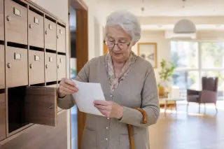 Famille et personne âgée en fauteuil roulant lors d’un rendez-vous administratif dans un établissement, avec dossiers et ordinateur sur une table, lumière naturelle douce.