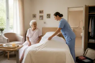 Personne âgée dans une chambre d’EHPAD pendant qu’une aide-soignante ajuste la couverture, avec une valise ouverte et une salle de bain adaptée en arrière-plan.