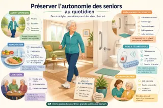 Senior marchant à l’extérieur avec une canne, accompagné discrètement, évoquant l’autonomie, la prévention des chutes et le maintien à domicile.