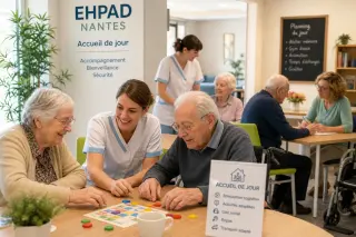 Groupe de seniors participant à une activité encadrée dans une salle commune d’EHPAD, ambiance chaleureuse et rassurante.