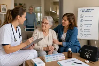 Infirmière à domicile accompagnant une personne âgée avec un déambulateur dans un intérieur sécurisé, ambiance rassurante et post-hospitalisation.