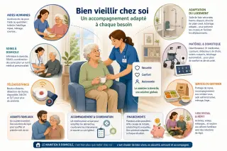 Mots-clés et type d’illustration recommandés pour un article sur les solutions de maintien à domicile des seniors.