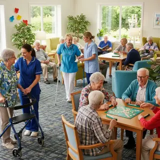 Older adults in a lively, sunlit senior care facility lounge, interacting joyfully with caregivers and each other, some using walking aids.