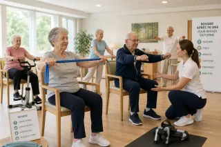 Groupe de seniors réalisant des exercices doux d’équilibre et de renforcement avec une chaise, dans une salle lumineuse d’établissement, encadrés par un professionnel.