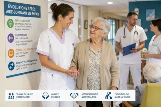 Aide-soignant et infirmière en discussion dans un EHPAD, avec un dossier de soins, illustrant l’évolution de carrière et la formation en gériatrie.