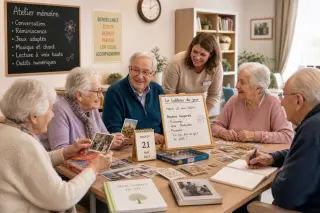 Atelier de stimulation cognitive en EHPAD, avec des résidents âgés et un animateur autour de cartes illustrées et d’un album photo dans une salle commune.
