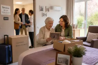 Liste de mots clés et recommandation d’une photo en intérieur d’EHPAD pour illustrer un article sur l’accompagnement du départ d’un parent en maison de retraite.