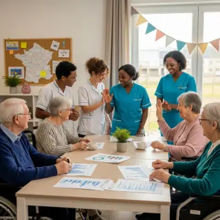 Senior residents and staff in a welcoming French EHPAD, smiling and discussing around a table with documents, a map of France departments in the background, bright and cheerful atmosphere.