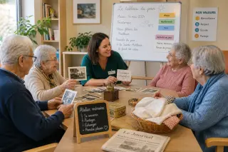 Petit groupe de personnes âgées en EHPAD participant à un atelier mémoire animé autour d’objets et de photos, dans une salle commune chaleureuse.
