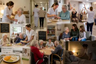 Scène intérieure en EHPAD montrant des résidents âgés et du personnel soignant dans une salle commune, illustrant la routine quotidienne (repas, soins, animations, visites).