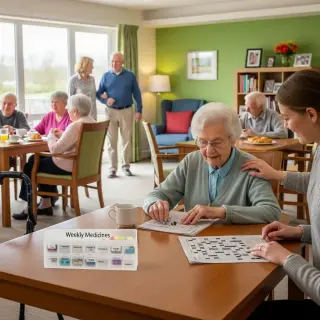 Senior woman smiling over a crossword at a table in a bright, cozy communal room, family and other elderly people nearby, creating a warm, supportive atmosphere.