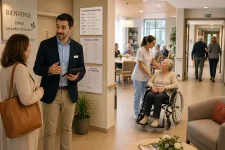 Intérieur d’un EHPAD avec une aide-soignante parlant à une résidente en fauteuil roulant dans un couloir, ambiance propre et rassurante, avec une famille en visite en arrière-plan.