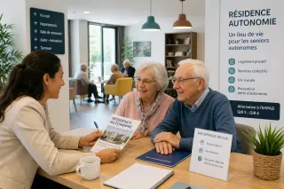 Résidents seniors discutant dans un espace commun lumineux d’une résidence autonomie, avec une ambiance conviviale et sécurisante.