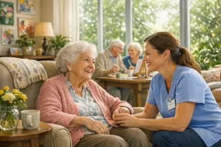 Senior woman and smiling caregiver in a cozy care facility lounge, with other elderly residents painting at a nearby table, sunlight streaming in and a warm, lively atmosphere.