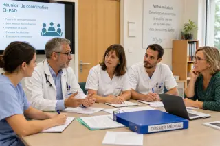 Médecin coordonnateur en EHPAD échangeant avec une infirmière et consultant un dossier lors d’une réunion de coordination des soins.