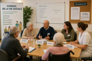 Réunion du conseil de la vie sociale dans une salle d’un EHPAD avec résidents, familles et direction autour d’une table, documents et compte rendu visibles.