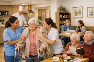 Multidisciplinary team supporting elderly residents in a modern, cheerful EHPAD with staff assisting, animating, and interacting warmly in a welcoming, lively common area.